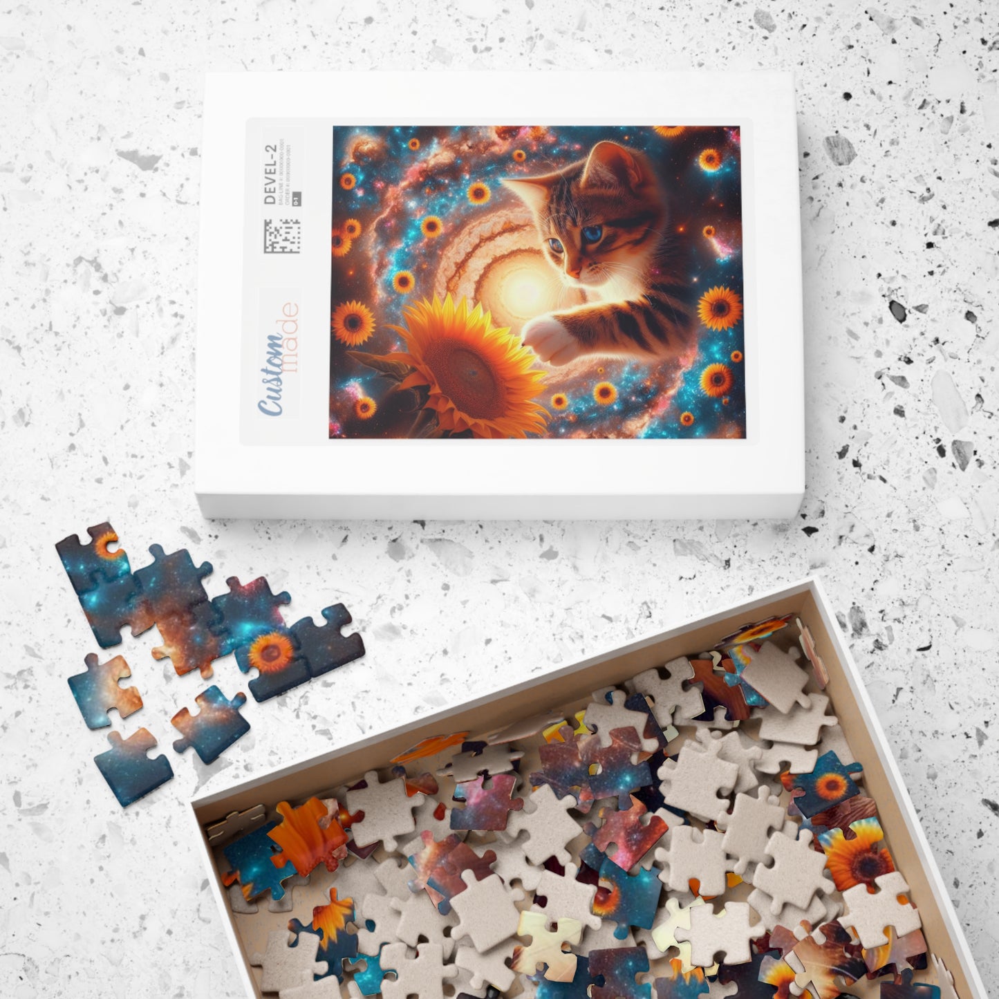Sunflower Puzzle (110, 252, 520, 1014-piece), Cosmic Blooms: A Journey Beyond the Stars with a Cute Kitten