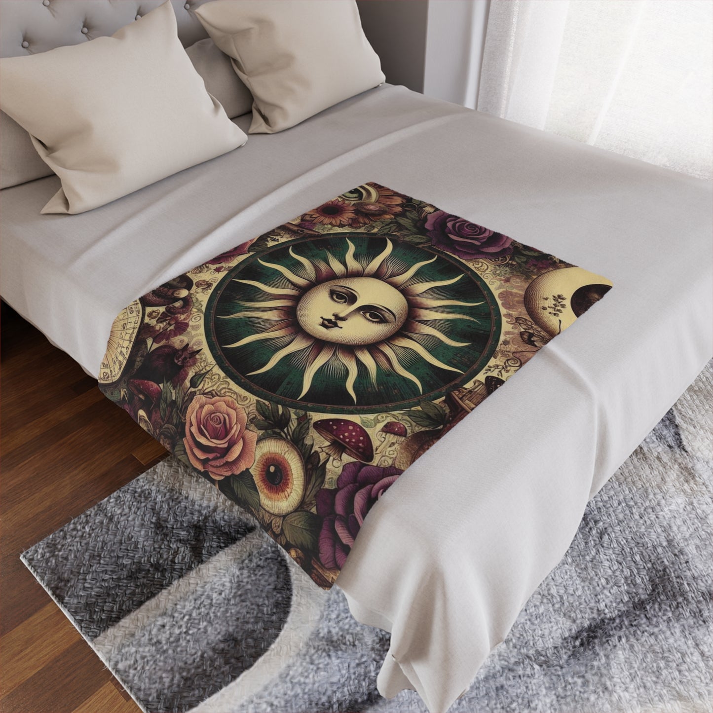 Plush Fleece Blanket, Celestial Throw for Couch and Dark Cottagecore Décor, Boho Aesthetic Minky Blanket