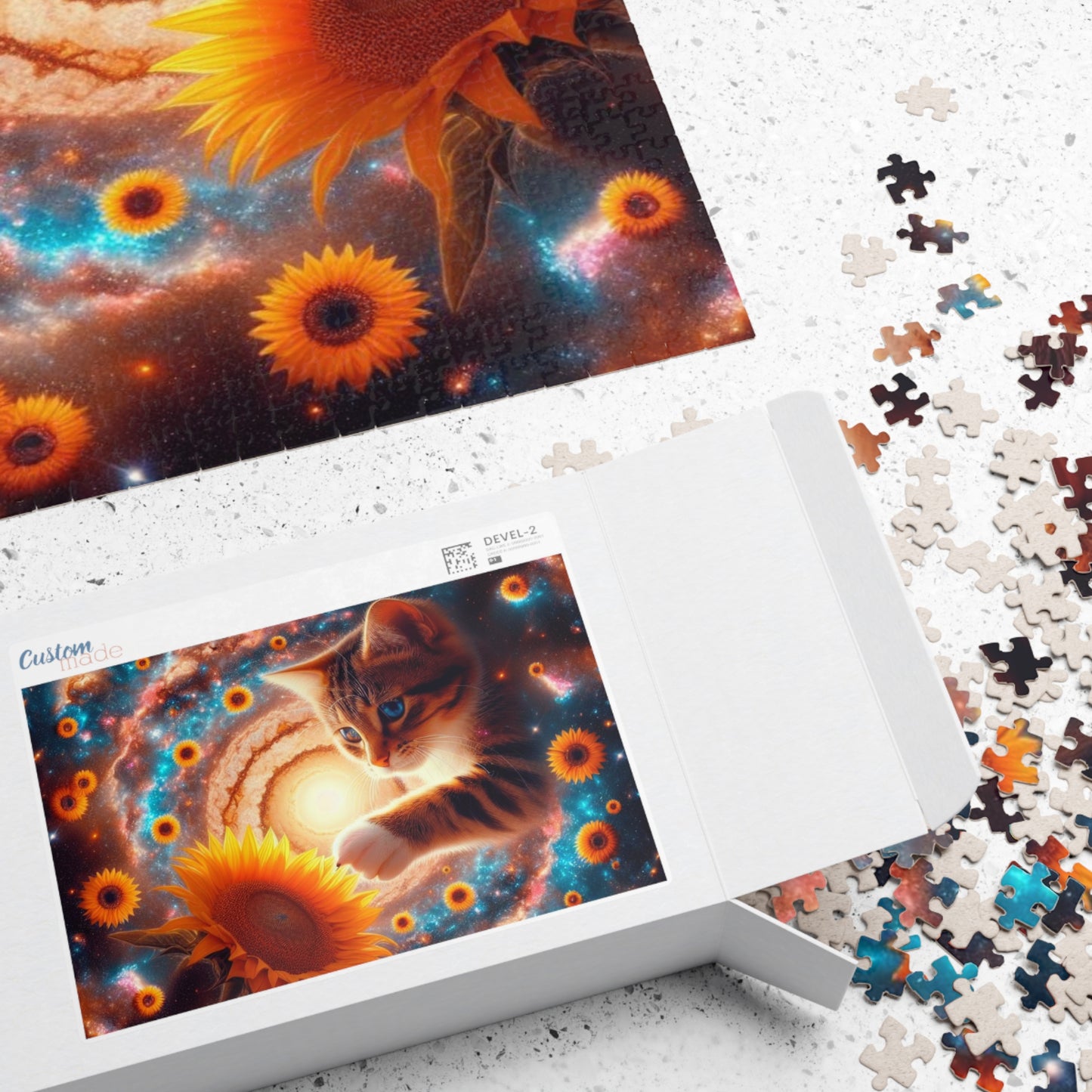 Sunflower Puzzle (110, 252, 520, 1014-piece), Cosmic Blooms: A Journey Beyond the Stars with a Cute Kitten