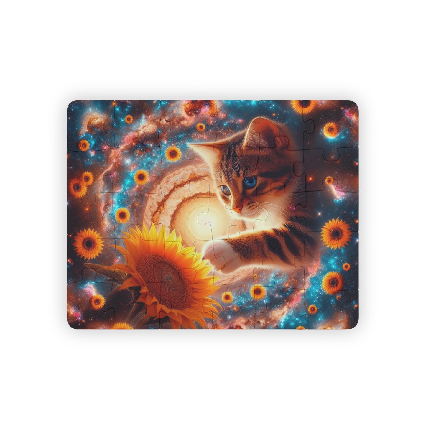 Kids' Sunflower Puzzle, 30-Piece, Cosmic Blooms: A Journey Beyond the Stars with a Cute Kitten