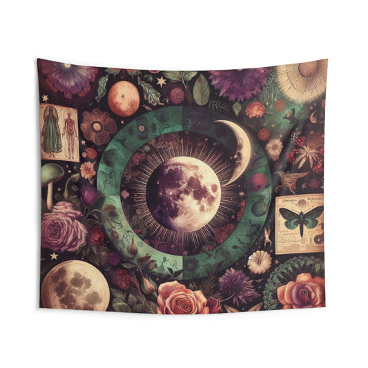 Tapestry, Celestial Tapestry with Whimsigoth Aesthetic, Large Boho Tapestry Wall Hanging with Floral Theme