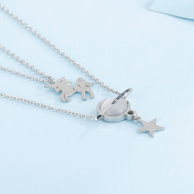 Double-Layered Unicorn and Star Necklace with Cat's Eye Stone Pendant