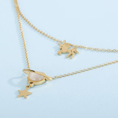 Double-Layered Unicorn and Star Necklace with Cat's Eye Stone Pendant